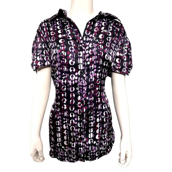 AGB Short Sleeve Button Up Shirt Size Large Geometric Print Black Purple White - Picture 1 of 10